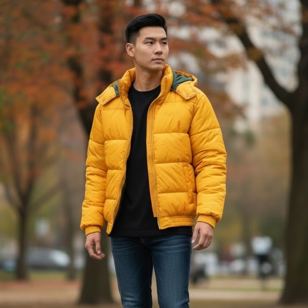 VTG CRUSE USA Yellow Puffer Hooded Jacket Gold Size L Water Resistant Heavy Duty